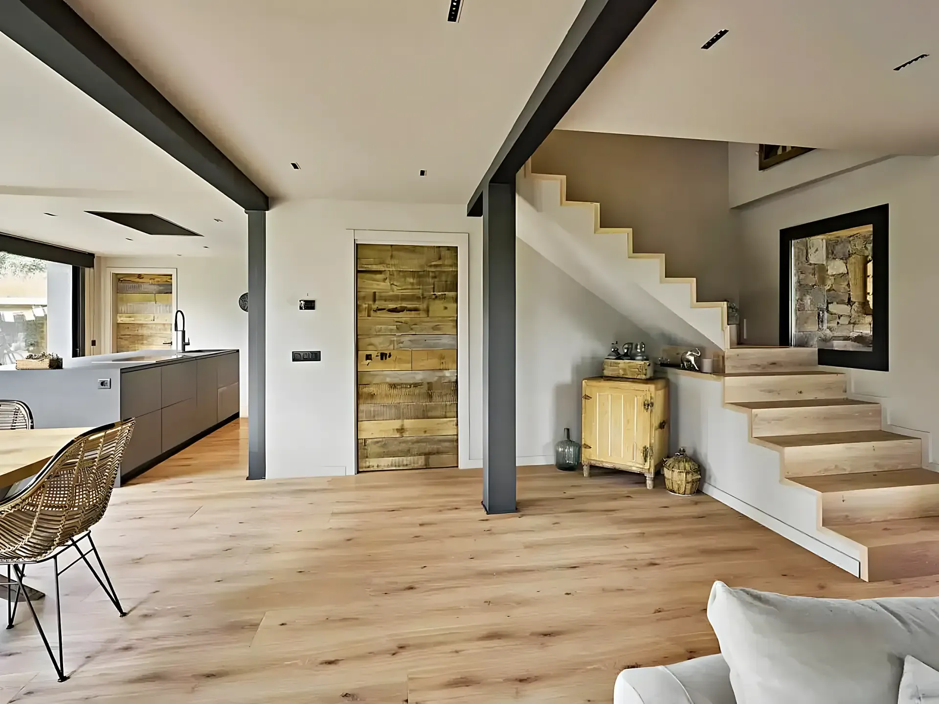 Sala amb escala de roure, estructura d’acer negre i porta de fusta recuperada
